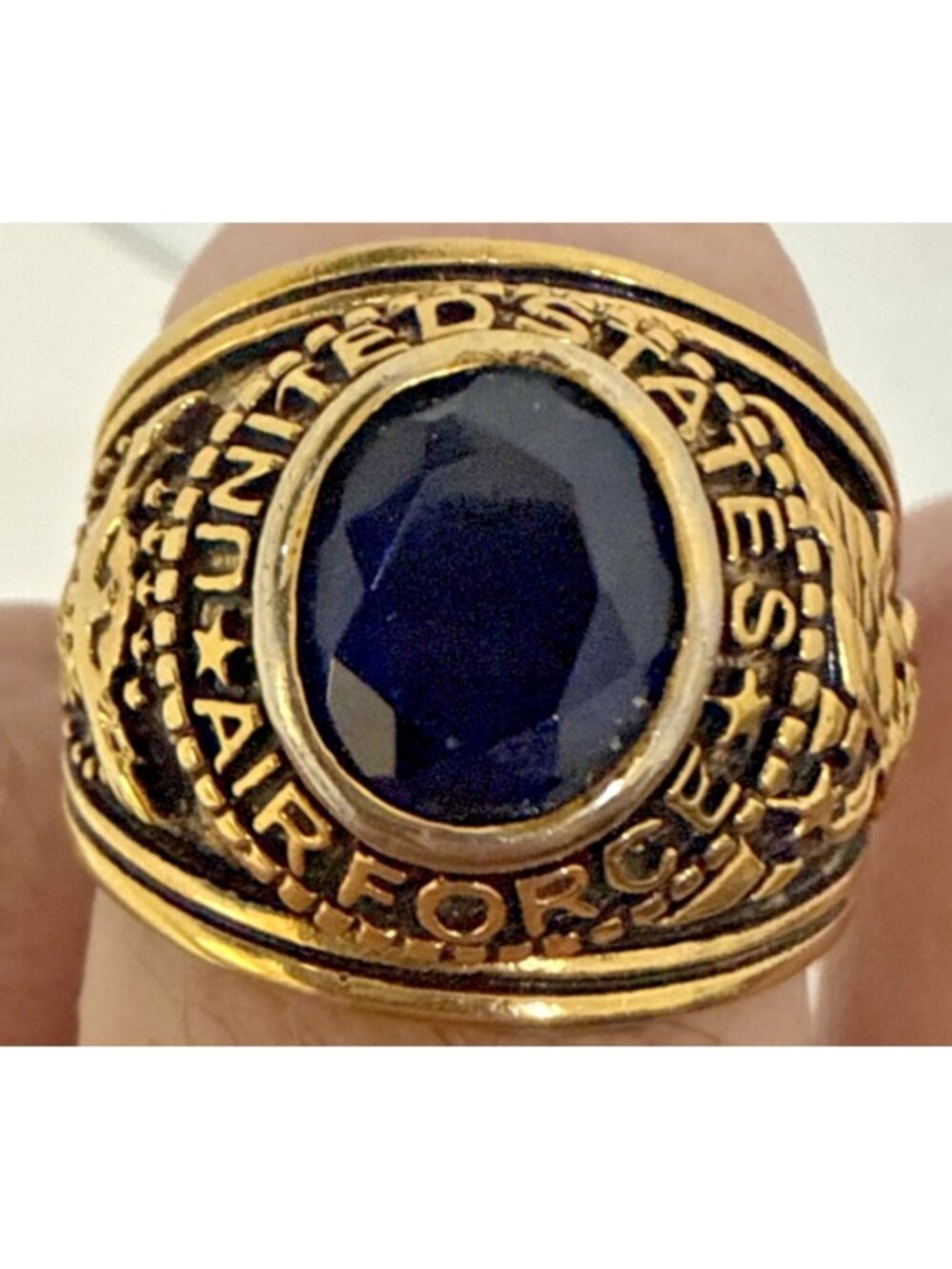 US Air Force Military Ring Gold Color Stainless Steel Blue Stone Size 13 3/4